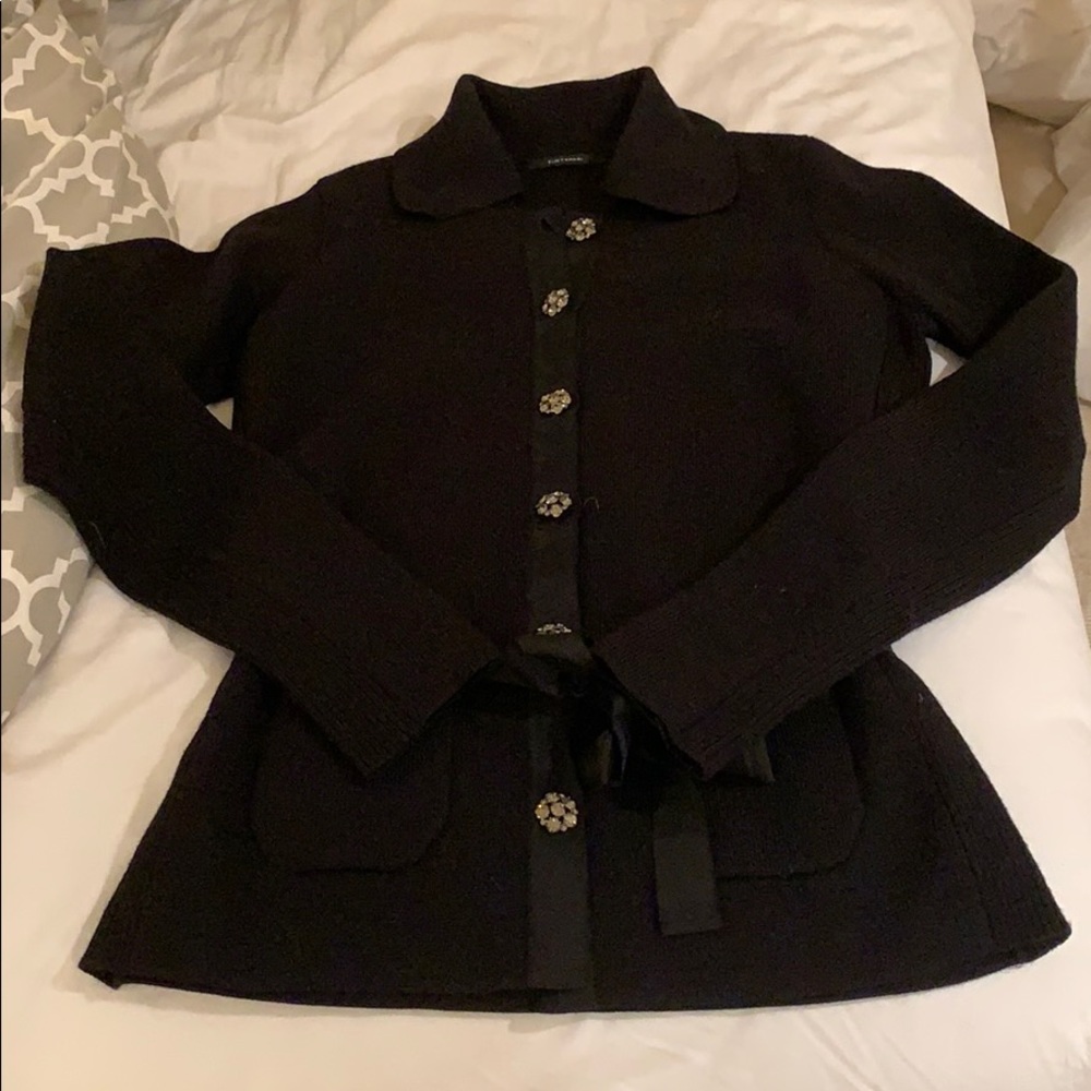 black merino wool rhinestone cardigan w/gg ribbon
